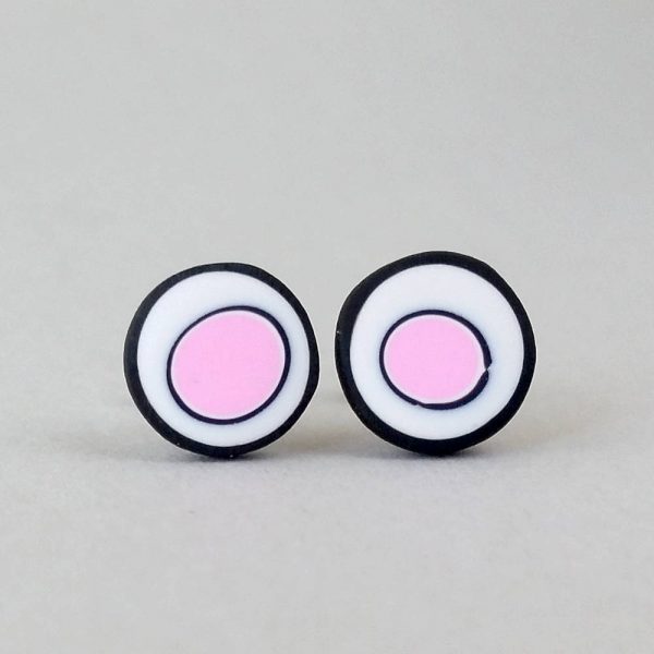 Handmade stud earrings with organic circles of pale pink on a white background with a black border.