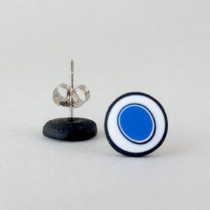 Handmade stud earrings with organic circles of cobalt blue on a white background with a black border.