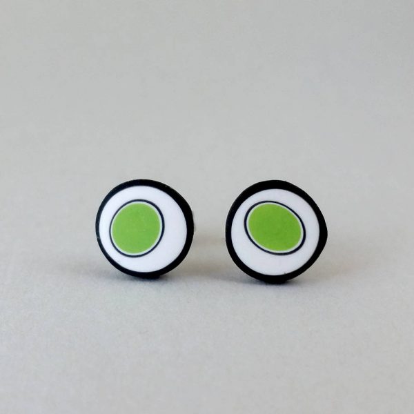 Handmade stud earrings with organic circles of lime green on a white background with a black border.