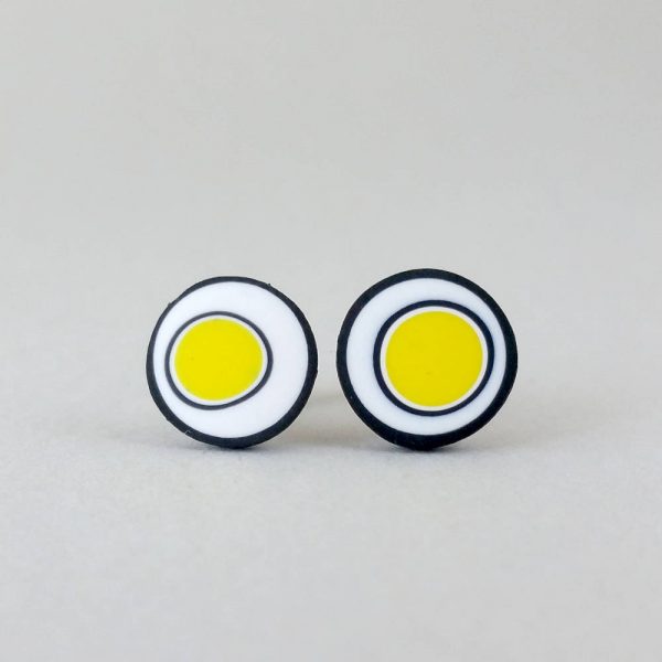 Handmade stud earrings with organic circles of bright yellow on a white background with a black border.