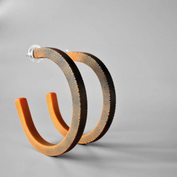 Handmade large hoop earrings in shimmering orange with ombre effect. Titanium posts.