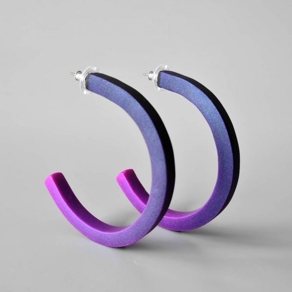 Handmade large hoop earrings in shimmering purple with ombre effect. Titanium posts.
