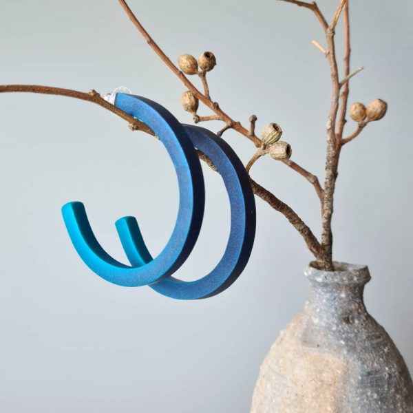 Handmade large hoop earrings in shimmering teal blue with ombre effect. Titanium posts.