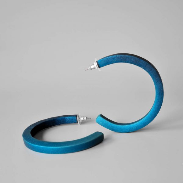 Handmade large hoop earrings in shimmering teal blue with ombre effect. Titanium posts.