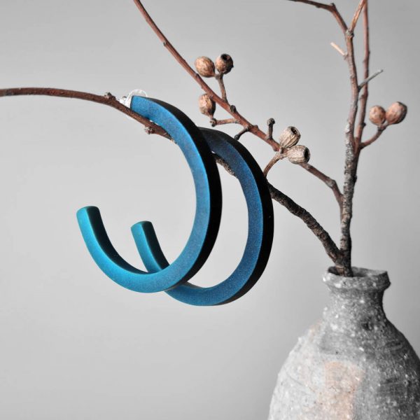 Handmade large hoop earrings in shimmering teal blue with ombre effect. Titanium posts.