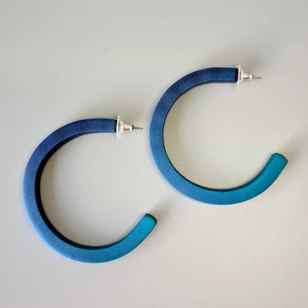 Handmade large hoop earrings in shimmering teal blue with ombre effect. Titanium posts.